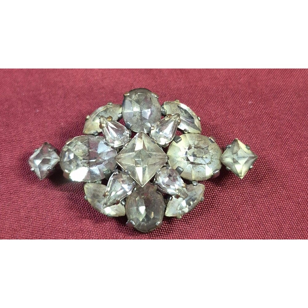 Vintage Signed CZECHO Clear Rhinestone Brooch Pin Geometric Art Deco Starburst